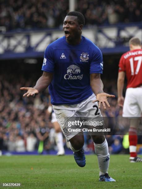 Yakubu of Everton celebrates after scoring his teams first and winning goal during the Barclays Premier League match between Everton and Stoke City...