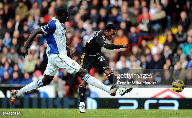 Daniel Sturridge of Chelsea shoots at goal during the Barclays Premier League match between Blackburn Rovers and Chelsea at Ewood Park on October 30,...