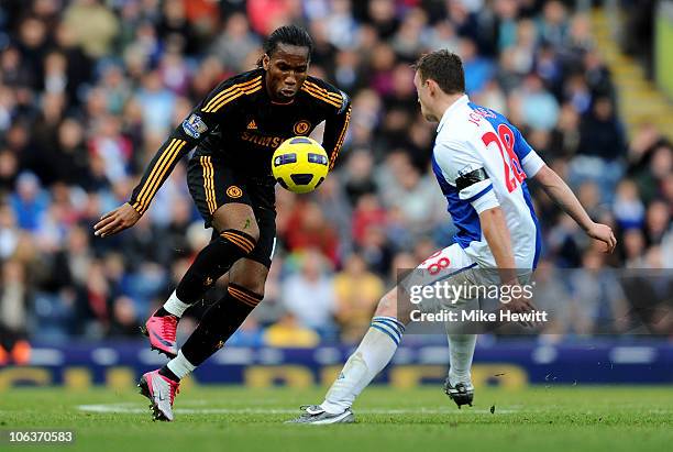 Phil Jones of Blackburn Rovers competes with Didier Drogba of Chelsea during the Barclays Premier League match between Blackburn Rovers and Chelsea...