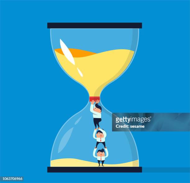 three businessmen plug the hourglass with a cork - tighten stock illustrations