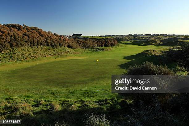 View from behind the green on the 427 yards par 4, 1st hole on the Strand Course at Portstewart Golf Club on October 27, 2010 in Portstewart,...