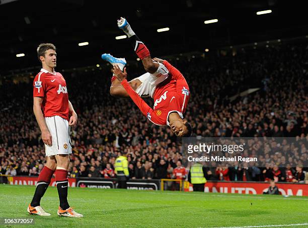 Nani of Manchester United celebrates scoring to make it 2-0 during the Barclays Premier League match between Manchester United and Tottenham Hotspur...