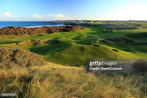 View looking down on the green on the 427 yards par 4, 8th hole 'Portnahapple' back accross the 1st fairway towards the clubhouse on the hill on the...