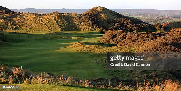 View from the 1st tee towards the green on the 427 yards par 4, 8th hole 'Portnahapple' on the Strand Course at Portstewart Golf Club on October 27,...
