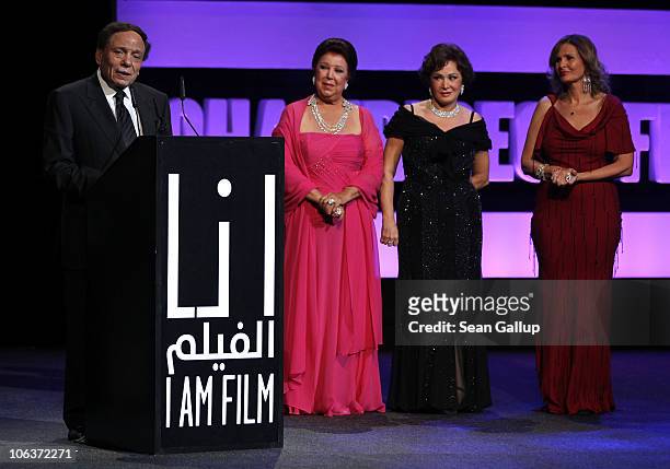 Adel Imam accepts the Lifetime Achievement Award with actresses Raja Al Jiddawi, Lubluba and Yosra onstage at the Awards Show and Closing Night Red...