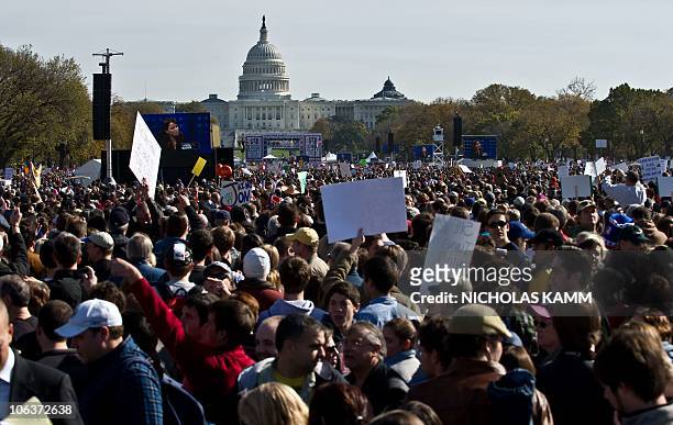 Large crowd gathers on the National Mall in Washington, DC, on October 30, 2010 for television satirists Jon Stewart's and Stephen Colbert's Rally to...