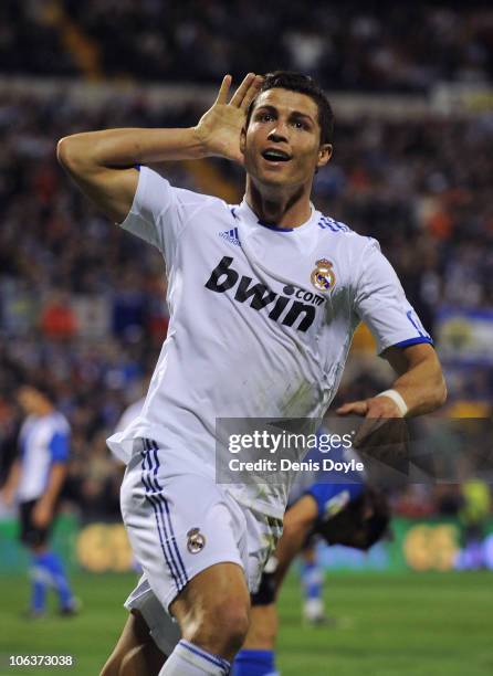 Cristiano Ronaldo of Real Madrid celebrates after scoring his team's second goal during the La Liga match between Hercules FC and Real Madrid at...