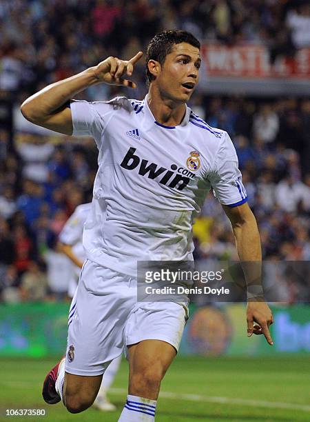Cristiano Ronaldo of Real Madrid celebrates after scoring his team's second goal during the La Liga match between Hercules FC and Real Madrid at...