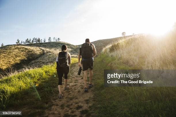 rear view of couple walking on footpath in sunny field - pareja de mediana edad fotografías e imágenes de stock