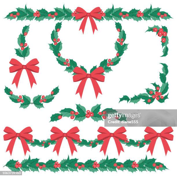 illustrazioni stock, clip art, cartoni animati e icone di tendenza di elementi di design holly garland - cornice natale