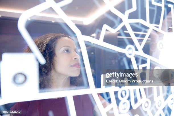 woman operating digital interface technology - retreat women diverse stockfoto's en -beelden