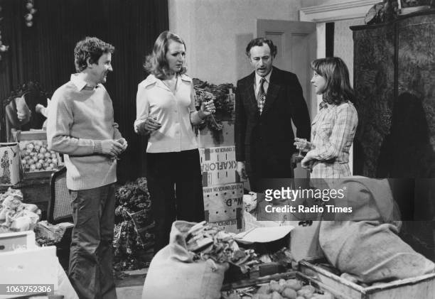 The main cast of the television show 'The Good Life'; Penelope Keith, Richard Briers, Paul Eddington and Felicity Kendal, pictured smiling on set as...