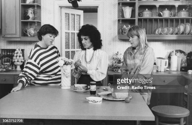 Actresses Pauline Quirke, Leslie Joseph and Linda Robson in a kitchen scene from the 'Birds of a Feather' episode 'Just Visiting', September 30th...