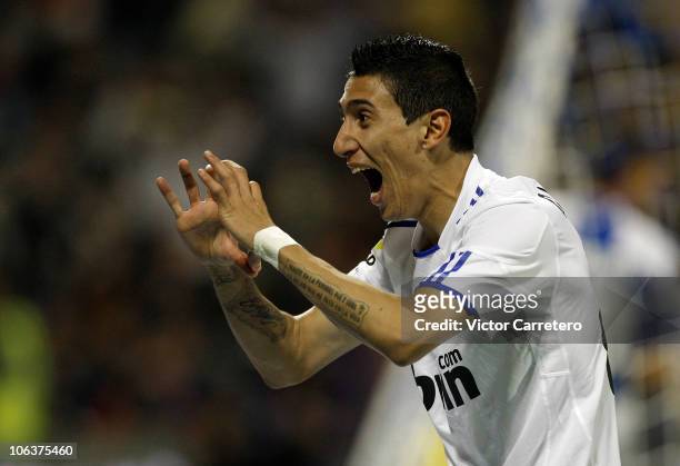 Angel di Maria of Real Madrid celebrates after scoring his team's first goal during the La Liga match between Hercules and Real Madrid at Estadio...