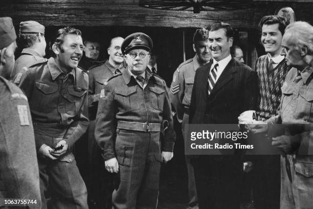 Actors Arnold Ridley , James Beck, Arthur Lowe, John Le Mesurier , Bill Pertwee and John Laurie in a scene from the episode 'Absent Friends' of the...
