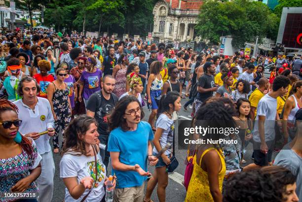 With slogans, banners and posters against prejudice Black, People take part at the 15th March of Consciência Negra, on Avenida Paulista, in Sao...