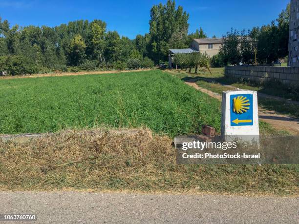 pilgrimage sign camino de santiago, - cairns road stock pictures, royalty-free photos & images