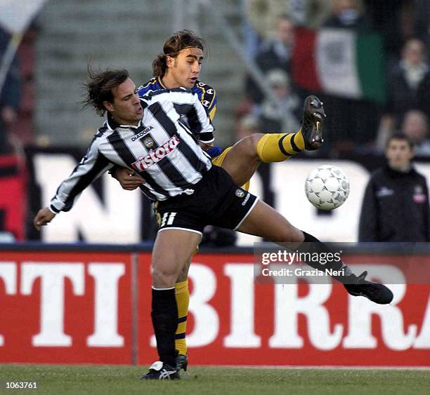 Roberto Muzzi of Udinese and Fabio Cannavaro of Parma in action during the Serie A match between Udinese and Parma, played at the Friuli Stadium,...