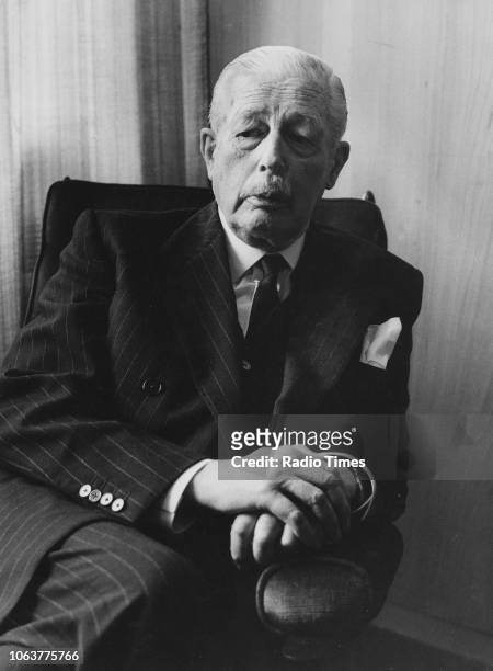 Portrait of former British Prime Minister Harold Macmillan, photographed for Radio Times in connection with the BBC Radio 4 show 'Pointing the Way',...