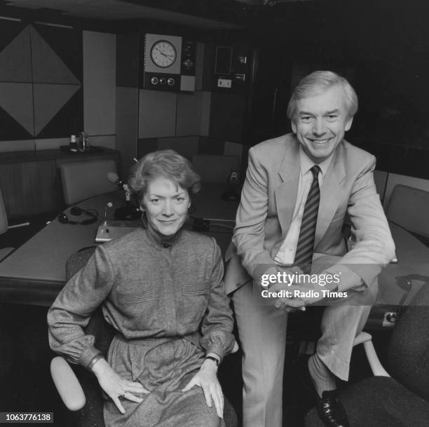 Portrait of radio personalities Sue MacGregor and John Humphrys, presenters of the BBC Radio 4 program 'Today', in the studio, 1986.