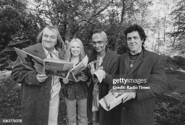 Outdoor portrait of the cast of comedy show 'Not the Nine O'Clock News'; Mel Smith, Pamela Stephenson, Rowan Atkinson and Griff Rhys Jones, October...
