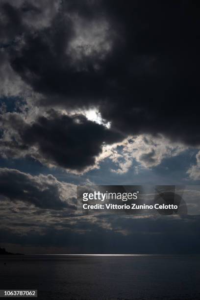 Sun lights on the sea on November 19, 2018 in Camogli, Italy. On October 31st a violent storm with pounding waves has come to the Tigullio Gulf in...