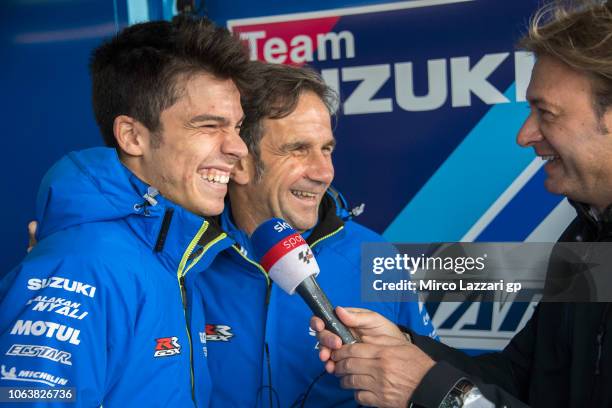 Joan Mir of Spain and Team Suzuki ECSTAR smiles with journalist in box during the MotoGP Tests In Valencia at Ricardo Tormo Circuit on November 20,...