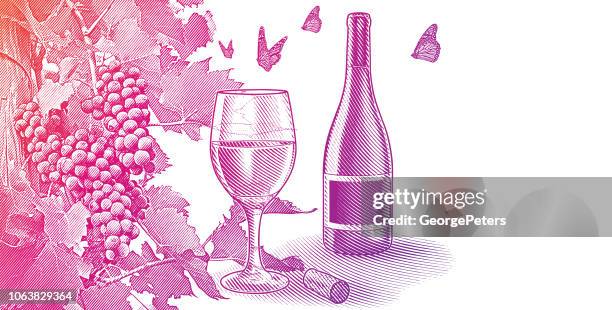 stockillustraties, clipart, cartoons en iconen met wijngaard wijn druiven met fles en glas wijn - wijn proeven