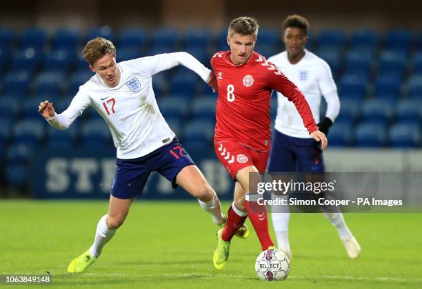England U21's Kieran Dowell and Denmark U21's Anders Dreyer battle for the ball during the international friendly match at the Blue Water Arena,...