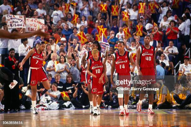 The Houston Comets walk during Game One of the 1998 WNBA Finals on August 27, 1998 at America West Arena in Phoenix, Arizona. NOTE TO USER: User...