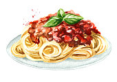 Spaghetti  with sauce bolognese. Watercolor hand drawn illustration isolated on white background