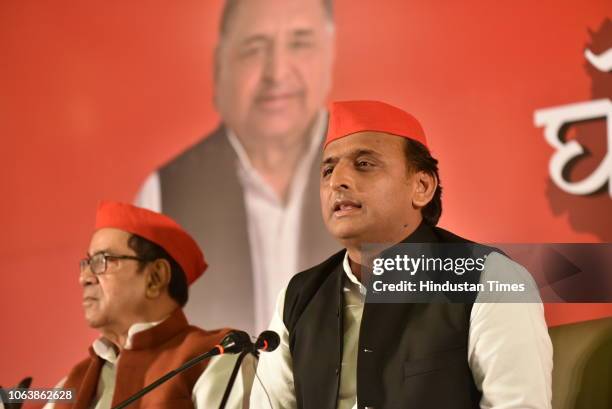 Samajwadi Party President and former Chief Minister of Uttar Pradesh Akhilesh Yadav addresses a press conference during election manifesto release...