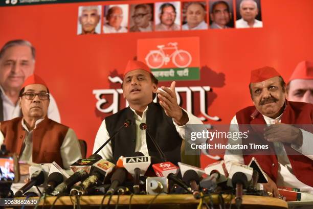 Samajwadi Party President and former Chief Minister of Uttar Pradesh Akhilesh Yadav addresses a press conference during election manifesto release...