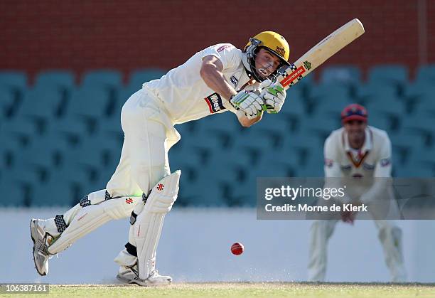 Shaun Marsh of the Warriors bats during day three of the Sheffield Shield match between the South Australian Redbacks and the Western Australia...