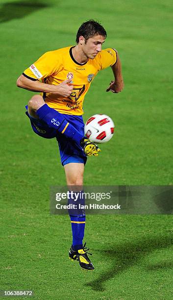 Dino Djulbic of the Gold Coast controls the ball during the round 12 A-League match between the North Queensland Fury and GOld Coast United at Dairy...