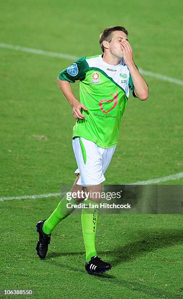 Gareth Edds of the Fury reacts after missing a shot at goal during the round 12 A-League match between the North Queensland Fury and Gold Coast...