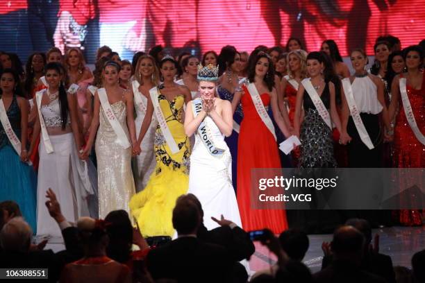Miss World 2010 Alexandria Mills of the United States reacts after winning the 60th Miss World Beauty Pageant at the Beauty Crown Cultural Center on...
