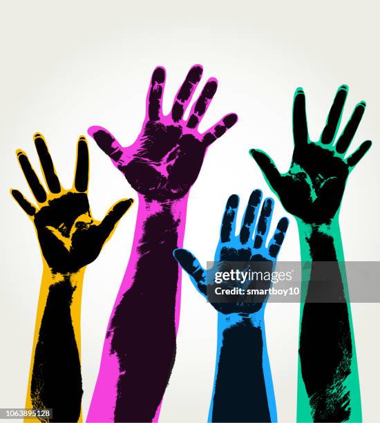 illustrazioni stock, clip art, cartoni animati e icone di tendenza di mani tenute alte - impronta di mano