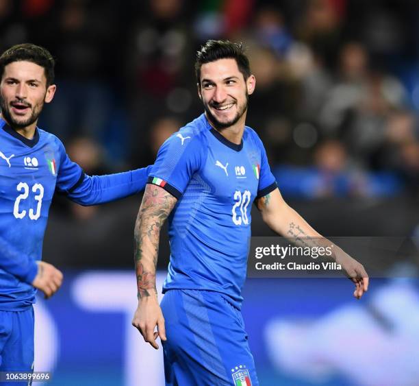 Matteo Politano of Italy celebrates after scoring the opening goal during the friendly match between Italy and Usa played at Luminus Arena on...