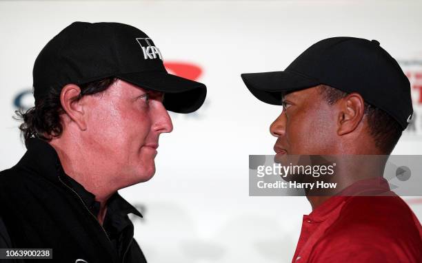 Phil Mickelson and Tiger Woods face-off during a press conference before The Match at Shadow Creek Golf Course on November 20, 2018 in Las Vegas,...