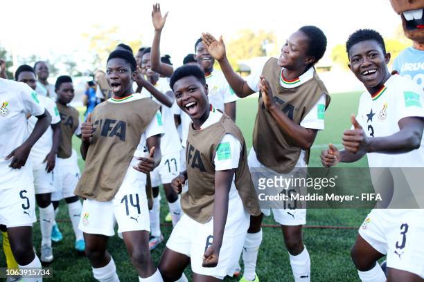 Mavis Owusu, Jacqueline Owusu, Selina Kurug and Millot Pokuaa of Ghana dance after the FIFA U-17 Women's World Cup Uruguay 2018 group A match between...