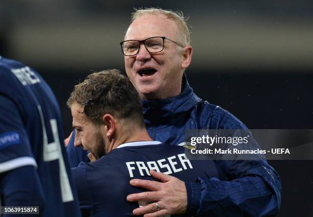 Scotland manager Alex McLeish congratulates Ryan Fraser of Scotland at the final whistle during the UEFA Nations League C group one match between...