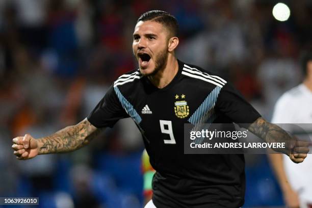 Argentina's Mauro Icardi celebrates after scoring against Mexico during their friendly football match at the Malvinas Argentinas stadium in Mendoza,...