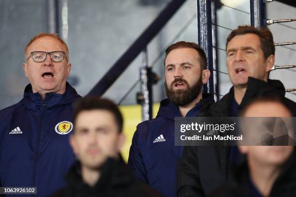 Scotland manager Alex McLeish and assistant James McFadden are seen during the UEFA Nations League C group one match between Scotland and Israel at...