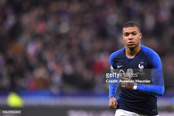 Kyllian Mbappe of France reacts during the international friendly match between France and Uruguay at Stade de France on November 20, 2018 in Paris,...