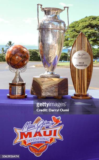 The trophies given out at the Maui Invitational at the Lahaina Civic Center on November 20, 2018 in Lahaina, Hawaii. L-R: Sue Wesselkamper Award...