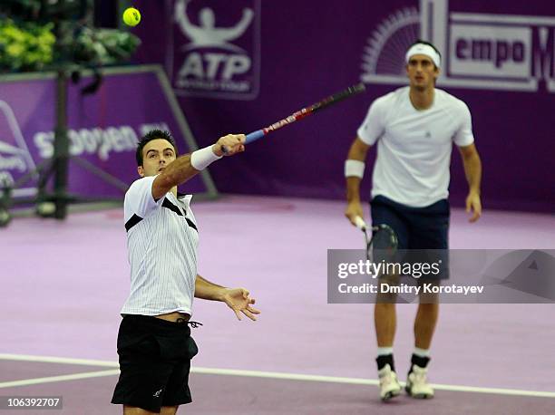 Daniele Bracciali and Potito Starace of Italy play against Rohan Bopanna of India and Aisam-Ul-Hag Qureshi of Pakistan during doubles final of the...