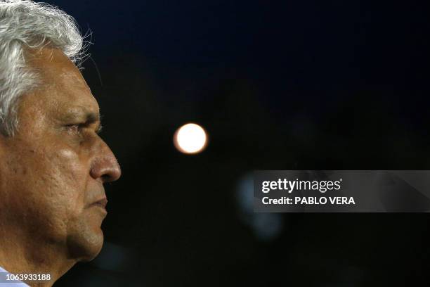 Chile's head coach, Colombian Reinaldo Rueda, looks on during the friendly football match against Honduras at the German Becker stadium, in Temuco,...