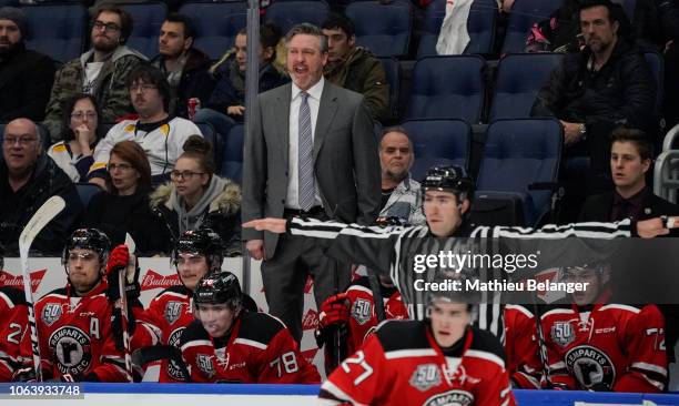 Patrick Roy, head coach of the Quebec Remparts, yells during his players QMJHL hockey game against the Moncton Wildcats at the Videotron Center on...