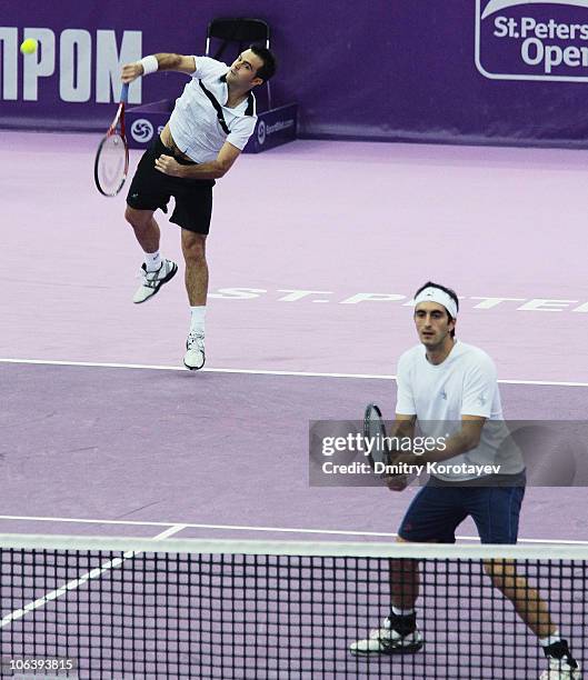 Daniele Bracciali and Potito Starace of Italy in action during final match of the International Tennis Tournamen St. Petersburg Open 2010 match...